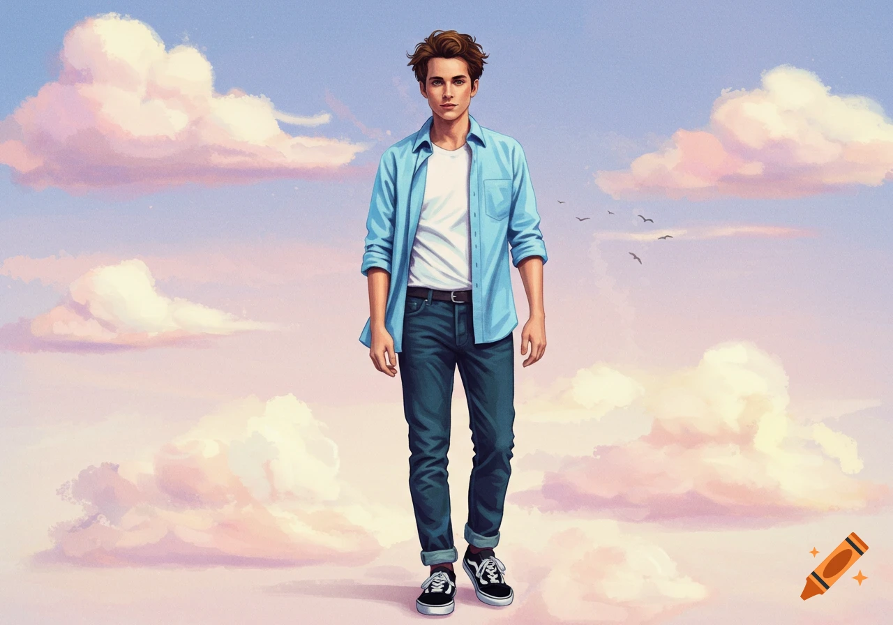 An illustrated young man in a blue shirt and jeans stands against a pastel sky with clouds and birds.