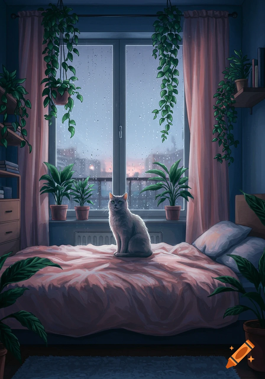 A gray cat sits on a pink bed in a cozy, plant-filled bedroom with a large window showing a rainy cityscape, in shades of grey, blue, and pink.