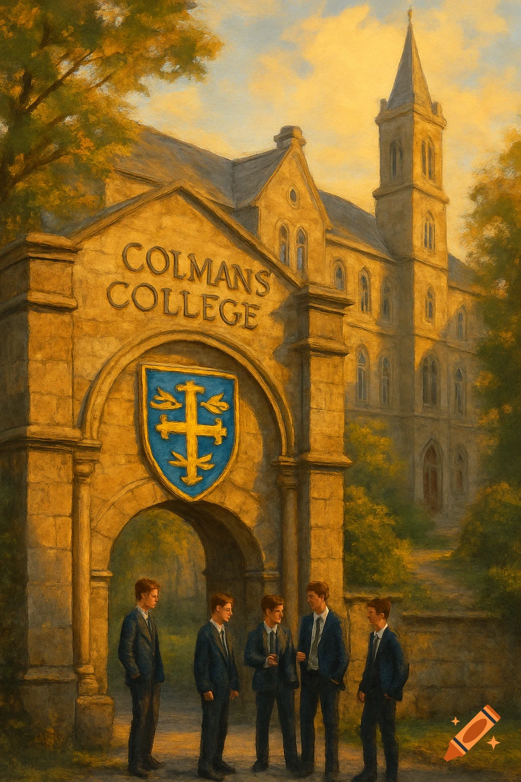 An oil painting of a grand stone college entrance with "COLMANS COLLEGE" inscribed above an arch, featuring a crest and five young men in suits standing beneath it, bathed in golden light.