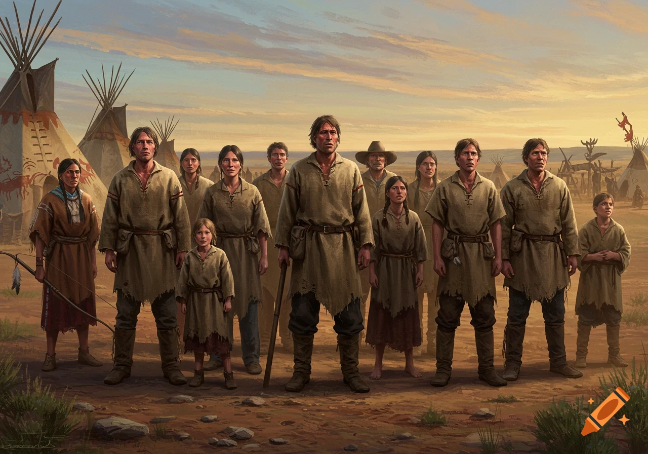 A group of confused men, women, and children in traditional attire stand in a dusty camp with tipis under a wide sky, painted.