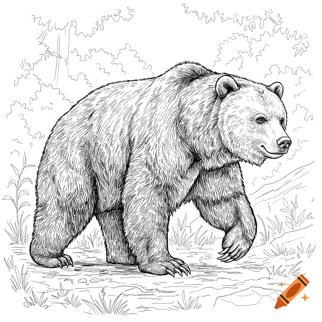 Black and white outline drawing of a bear walking through a forest clearing.