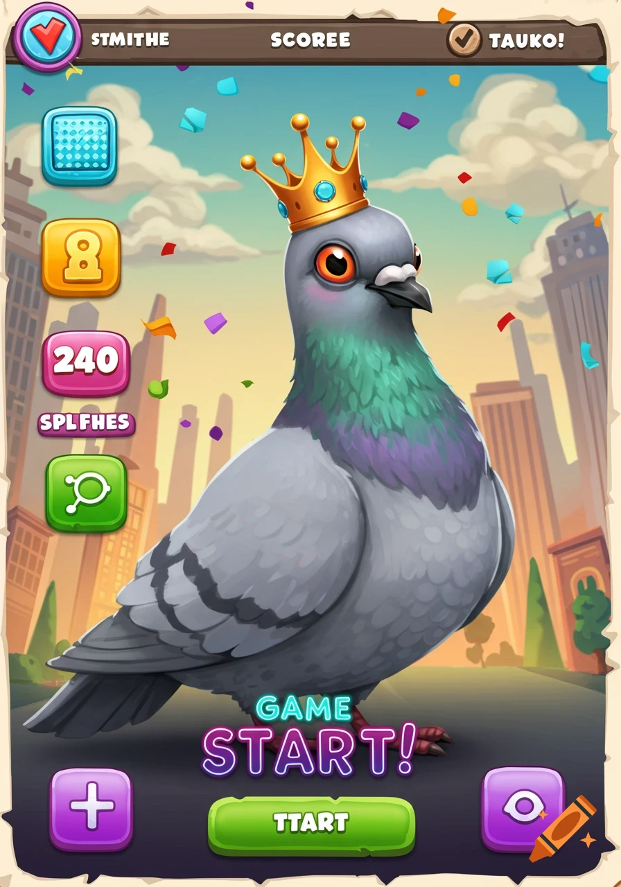 Cartoon pigeon with a crown in a game 'start' screen, featuring city background and confetti.