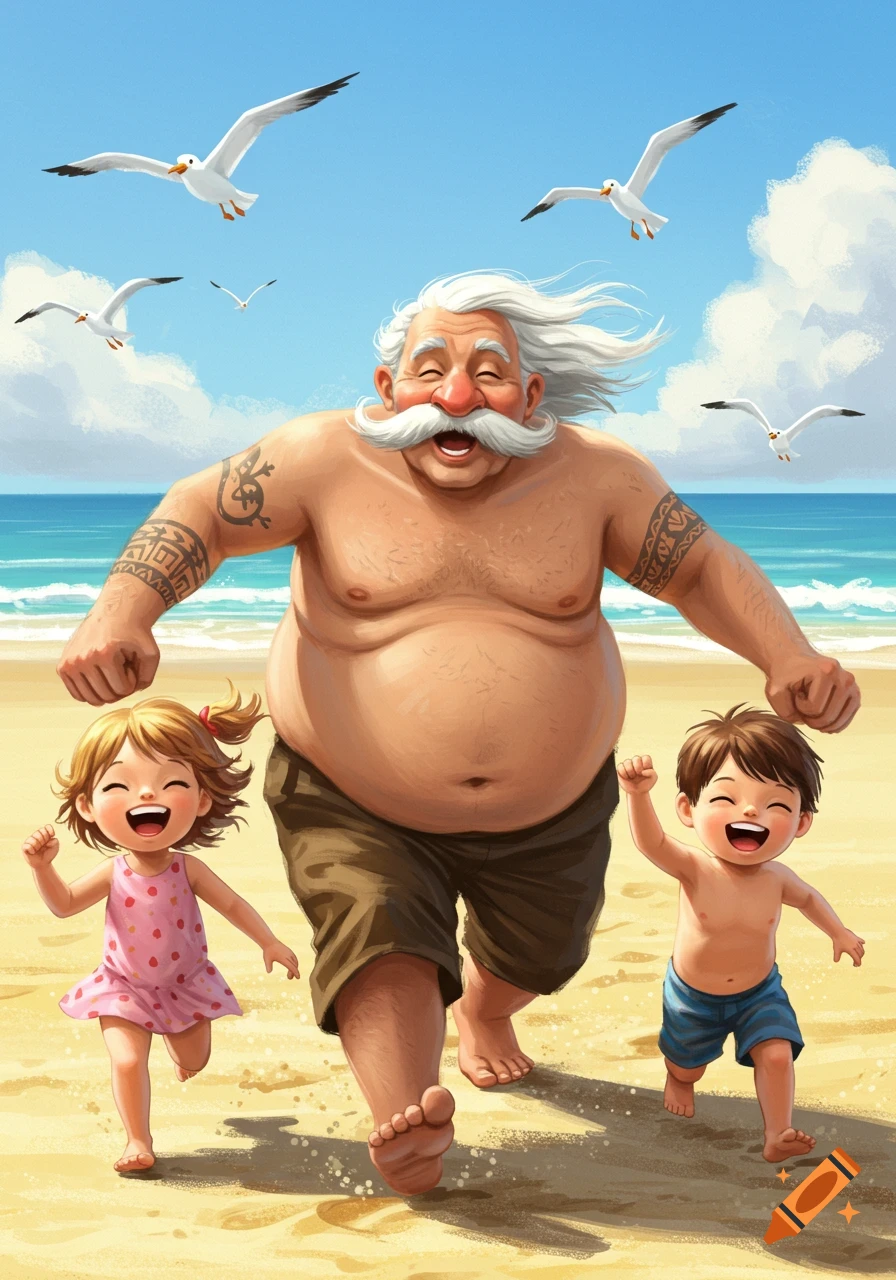 A cheerful, chubby old man with white hair and mustache runs on a sunny beach with two laughing children and seagulls flying, cartoon style.