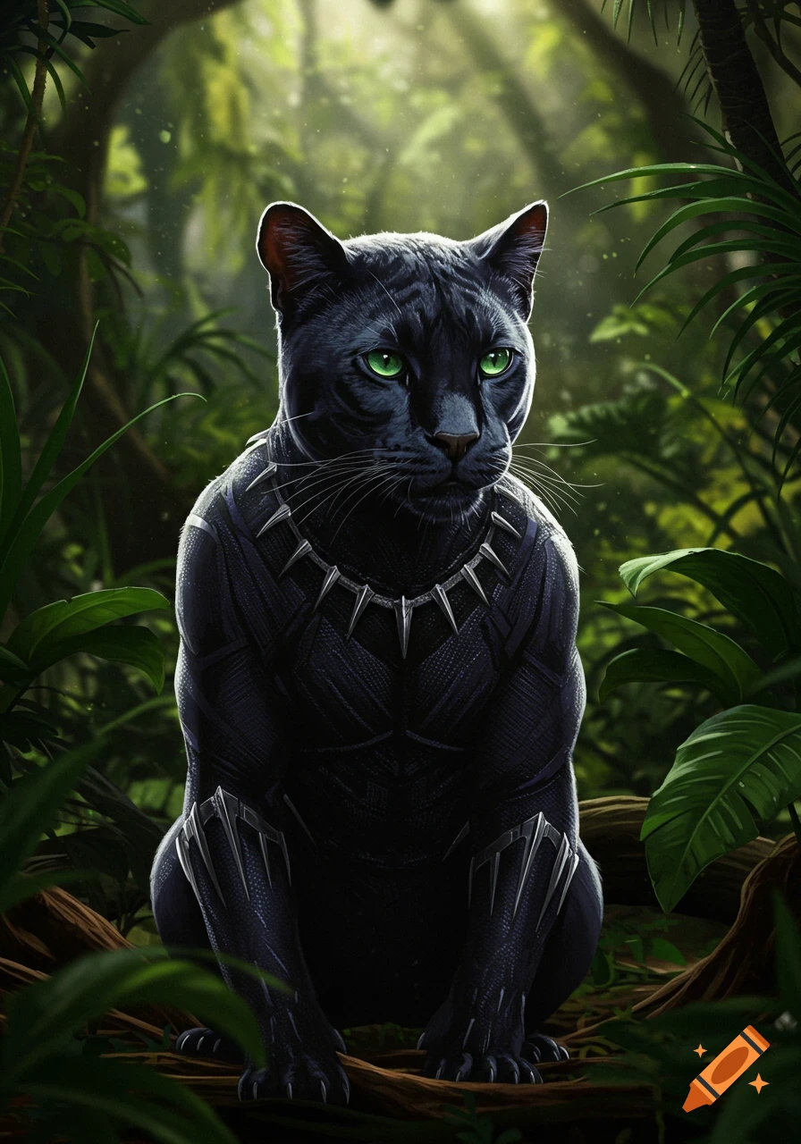 A realistic black cat with vibrant green eyes wearing a Black Panther suit, sitting in a lush jungle.