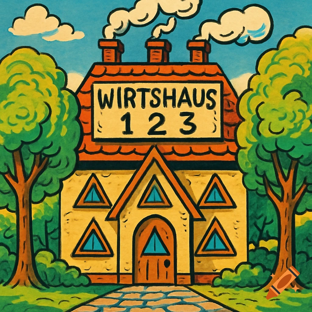 A colorful cartoon-style Wirtshaus (inn) with a sign reading 'Wirtshaus 1 2 3', triangular windows and door, three smoking chimneys, and green trees under a blue sky.