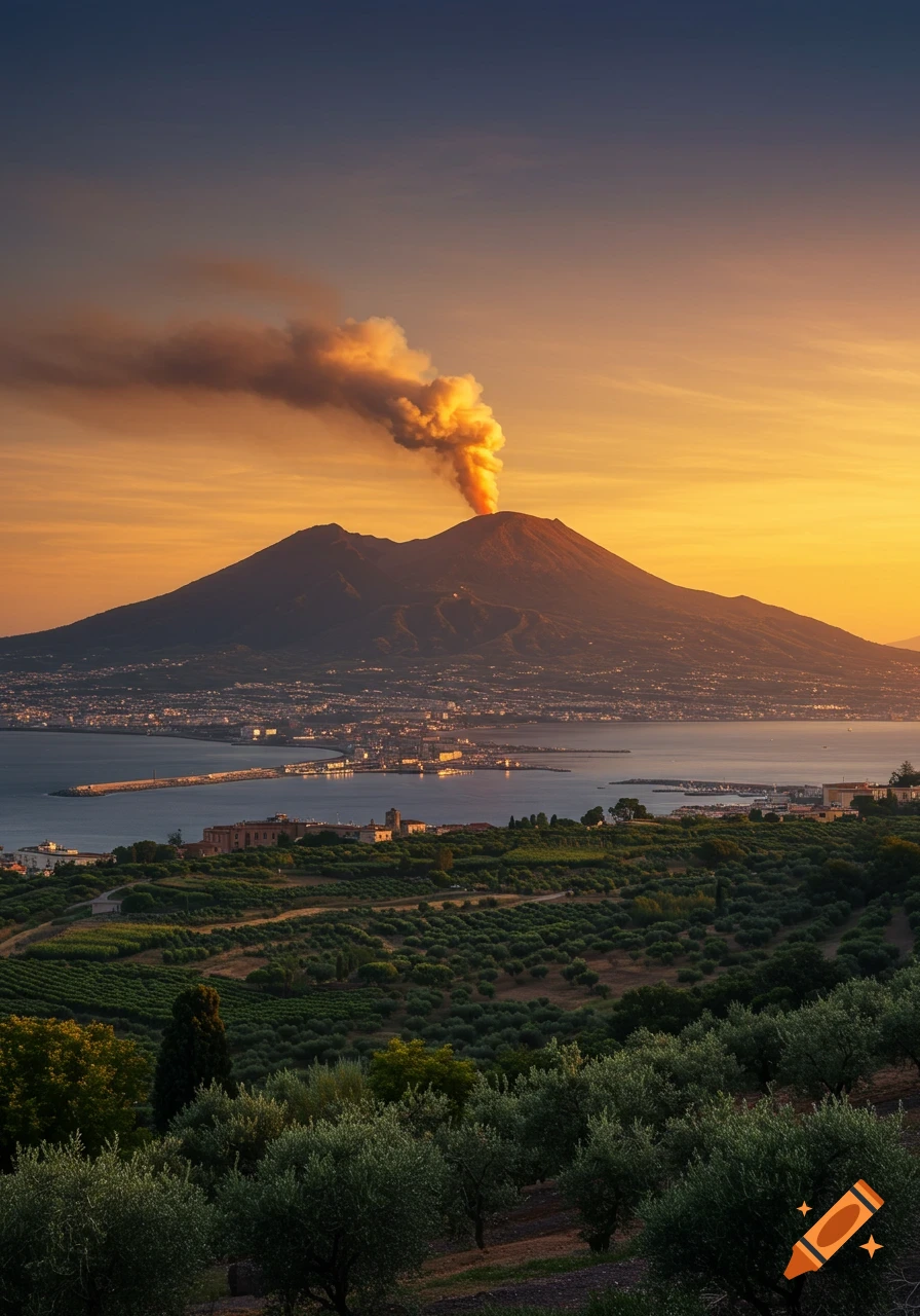 Photorealistic view of Mount Vesuvius erupting fiery smoke into a sunset sky, overlooking a city and bay.
