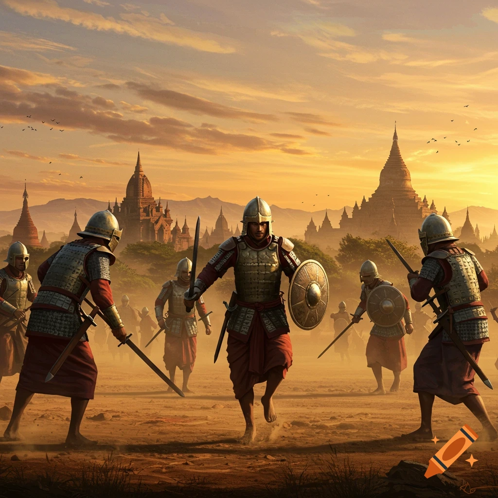 Ancient Burmese soldiers in traditional armor training with swords and shields at sunset, with historical Bagan temples in the background.