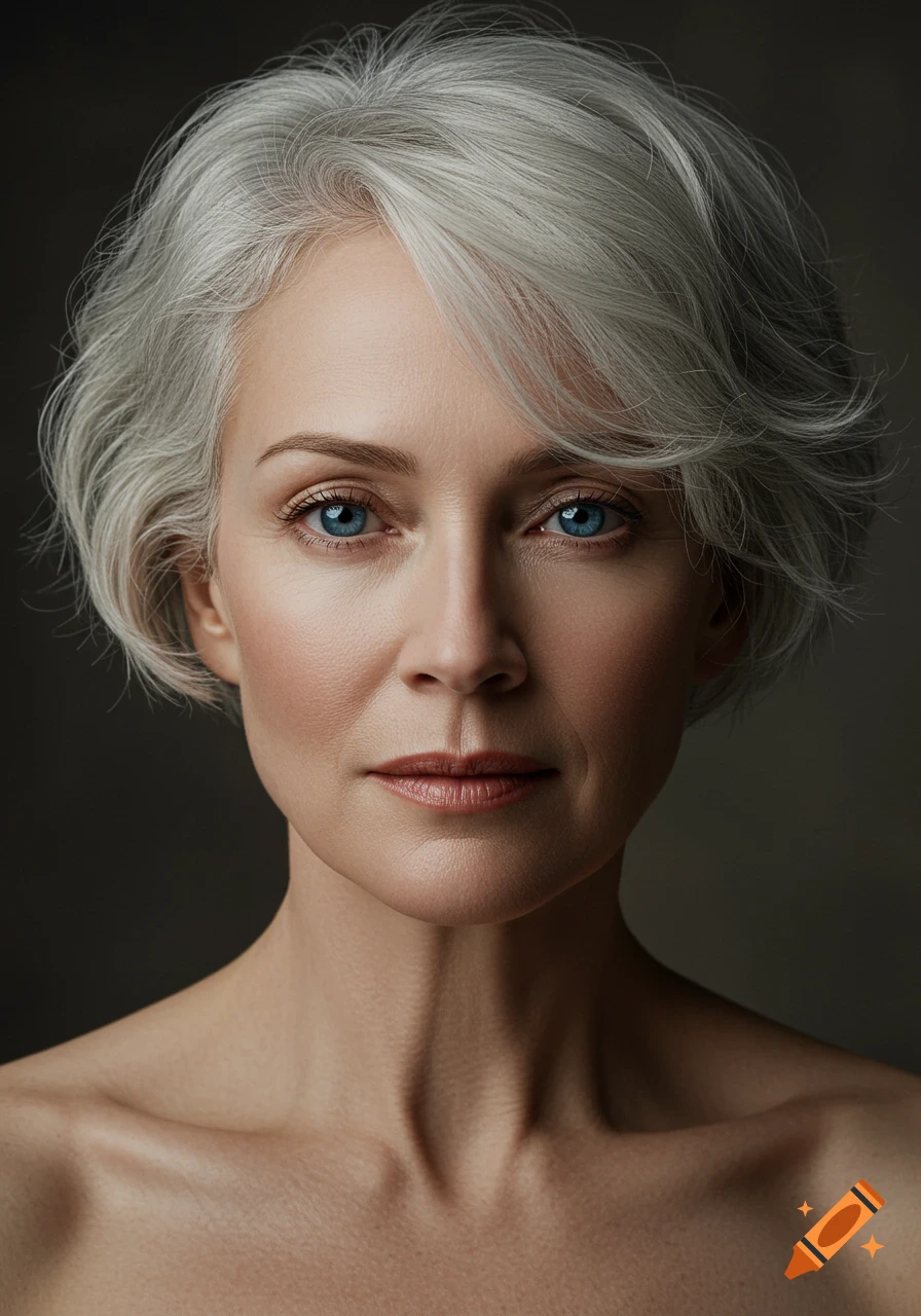 Photorealistic close-up portrait of a woman with short gray-white hair, blue eyes, and bare shoulders.