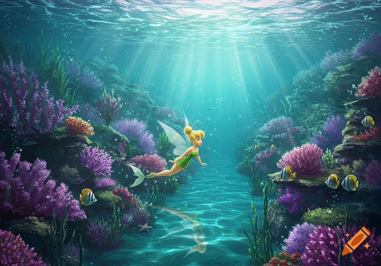 Tinkerbell with a mermaid tail and fairy wings swims through a vibrant underwater coral reef with fish and sunbeams.