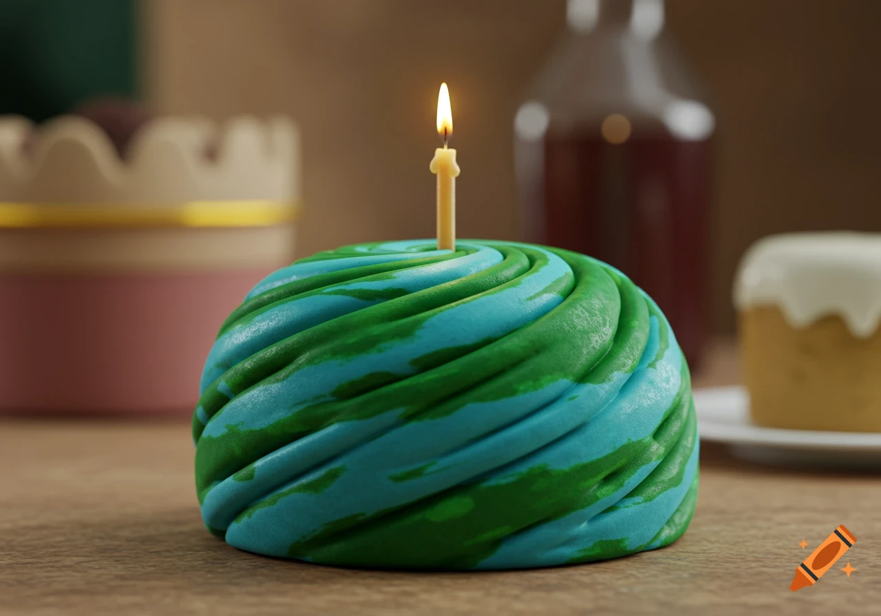 A round cake with blue and green frosting resembling Earth, topped with a lit birthday candle.