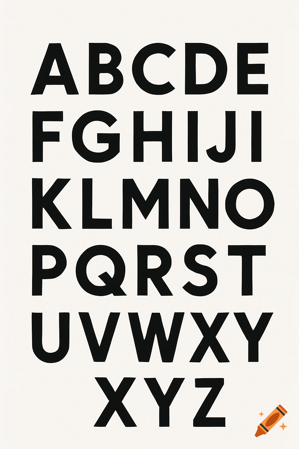 The English alphabet in bold black capital letters on a white background, arranged in rows.