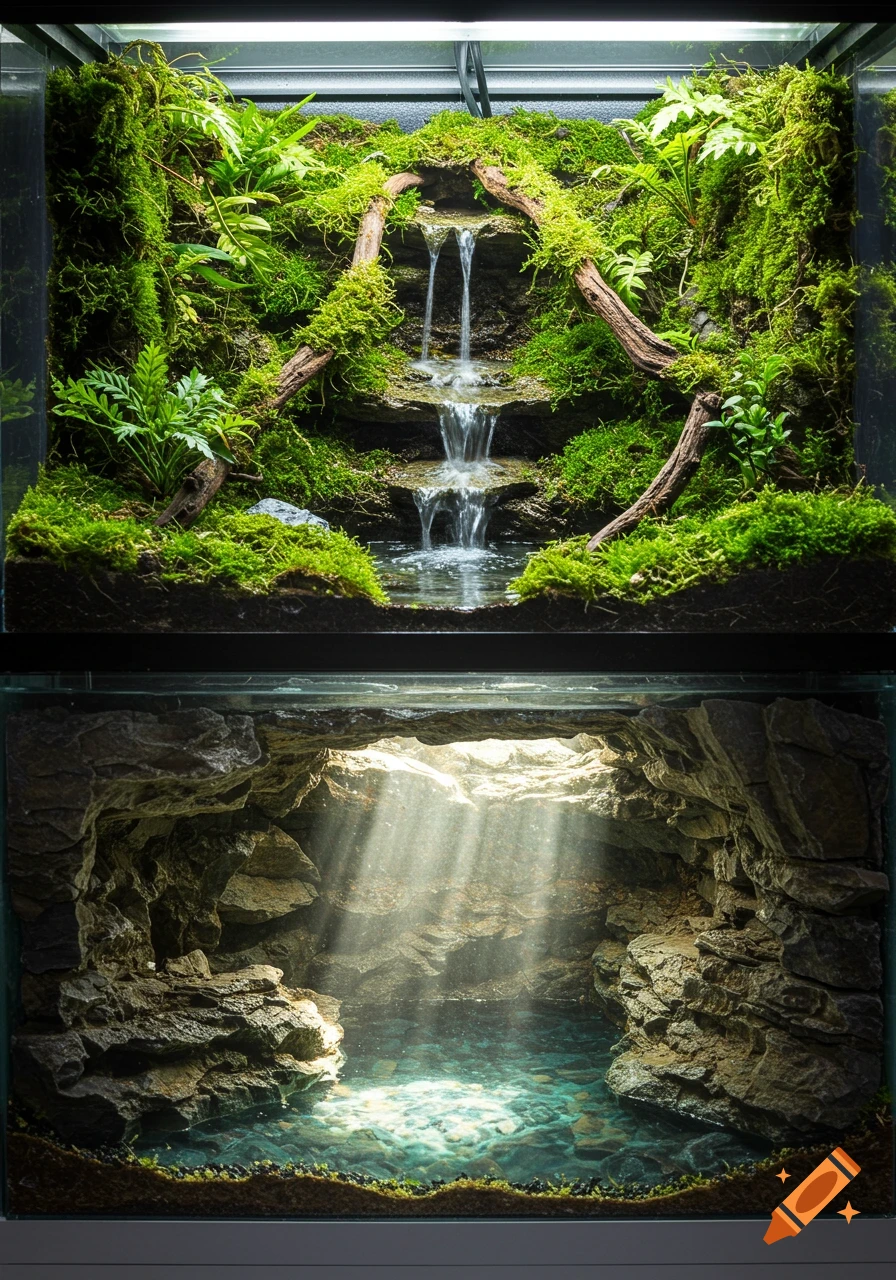Photorealistic terrarium with a mossy waterfall cascading into a glowing underground cave with sun rays.