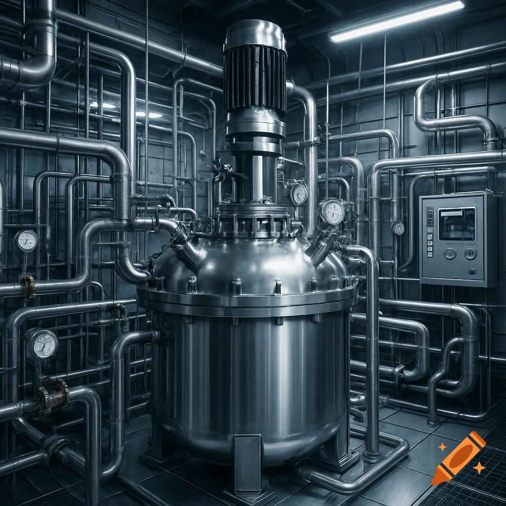 A detailed, photorealistic view of a large industrial batch reactor surrounded by numerous chrome pipes, gauges, and a control panel.