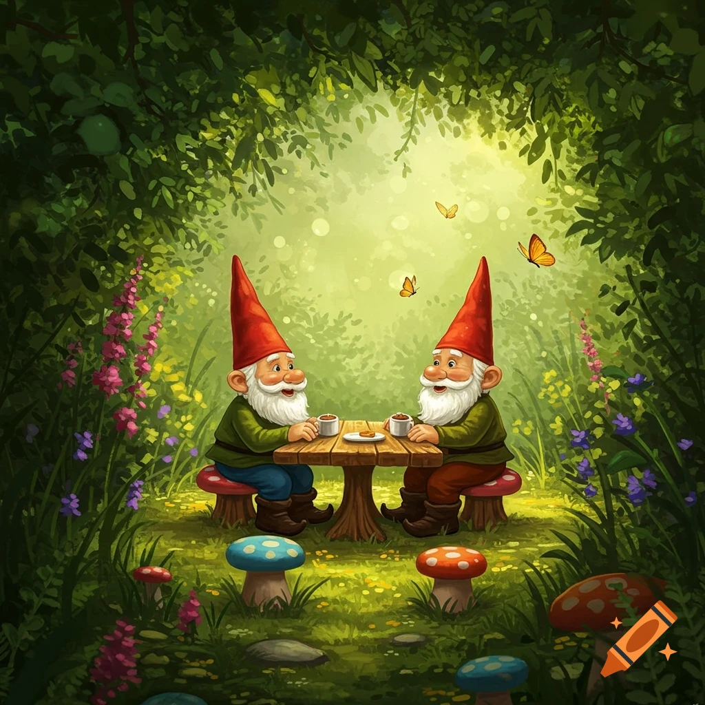 Two cheerful gnomes with red hats and white beards sit at a wooden table in a vibrant, sunlit forest, drinking coffee. Colorful mushrooms and wildflowers surround them in this whimsical illustration.