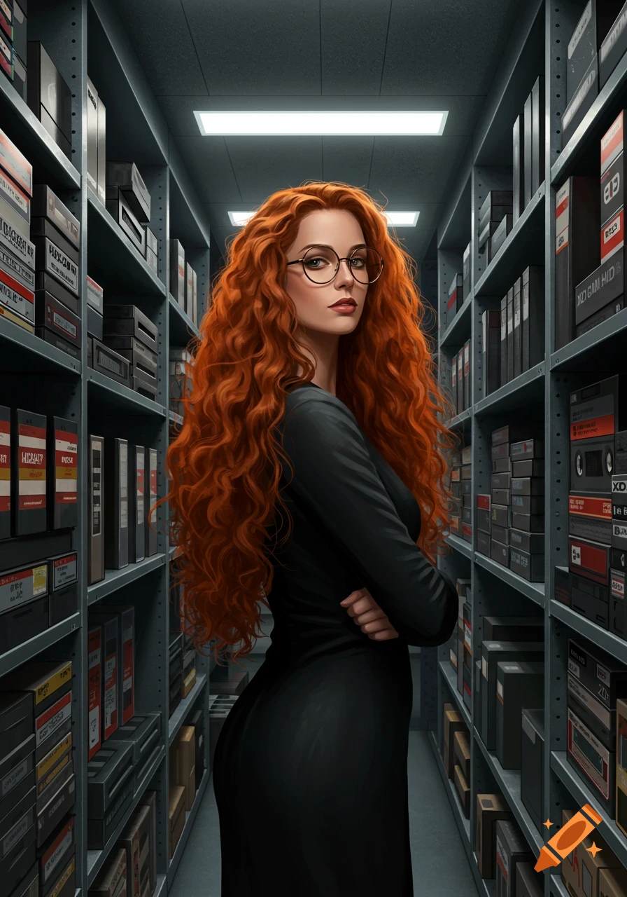 A woman with long, red curly hair and glasses stands in an archive aisle, surrounded by shelves of tapes.