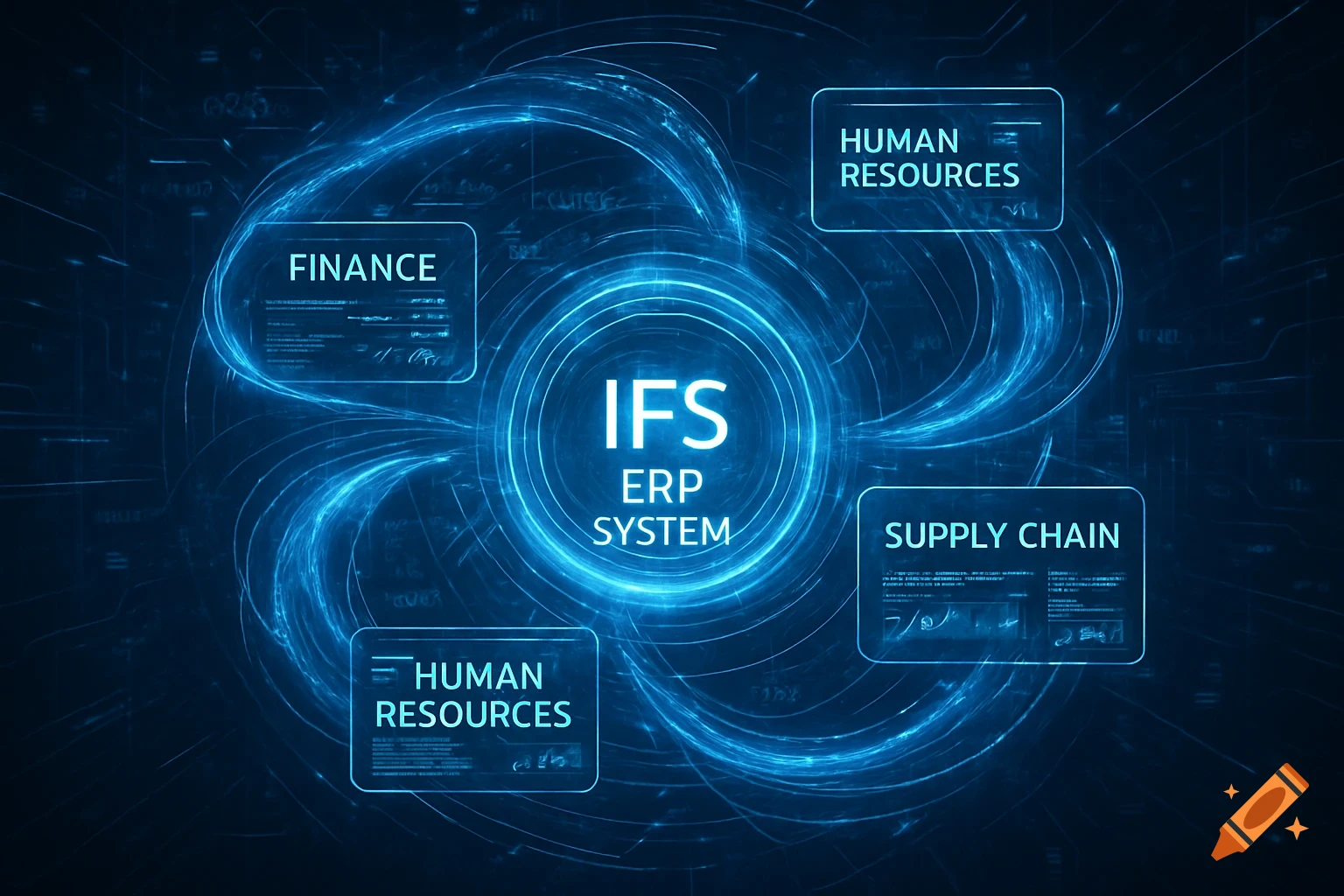 A glowing blue digital diagram shows 'IFS ERP SYSTEM' at the center, surrounded by 'FINANCE', 'HUMAN RESOURCES', and 'SUPPLY CHAIN' modules.