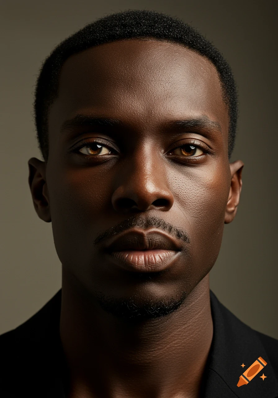 Close-up photorealistic portrait of a dark-skinned man with amber eyes and a neatly trimmed mustache and beard.