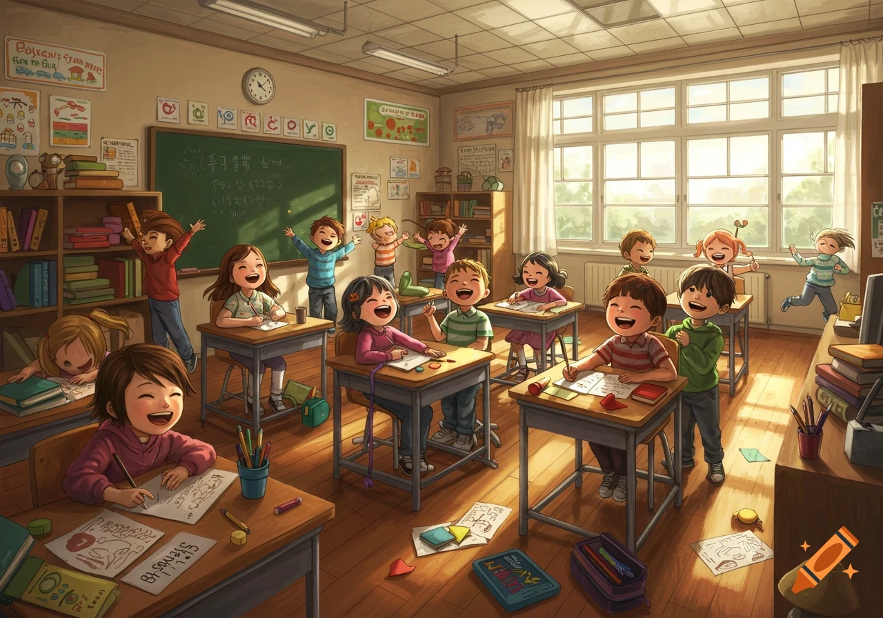 Lively cartoon illustration of a messy classroom filled with many happy, smiling elementary school children during class.