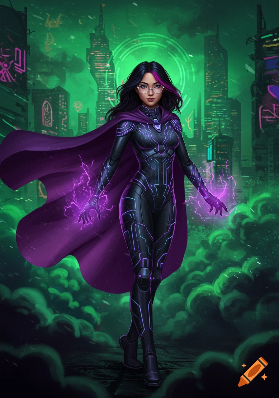 A female superhero in a black futuristic suit and purple cape, with dark hair and glasses, radiating purple energy in a glowing green cyberpunk city.