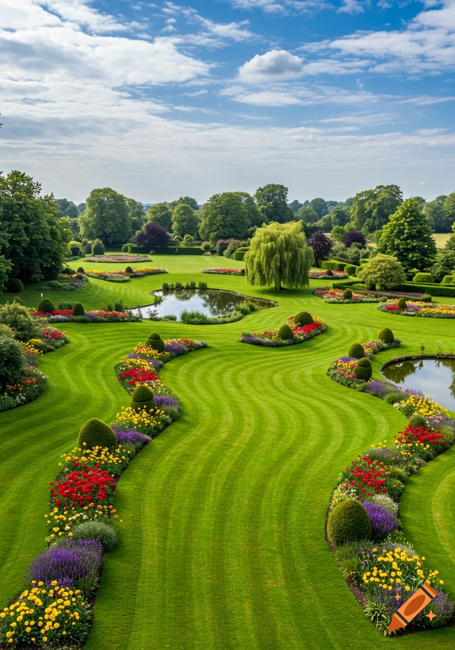 A meticulously manicured formal garden with winding green lawns, vibrant flowerbeds, small ponds, and trees under a cloudy blue sky.