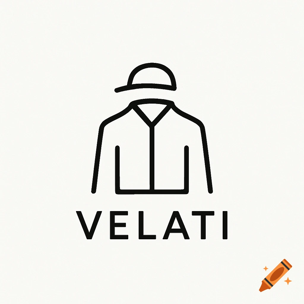A minimalist black and white logo featuring an abstract line icon of a shirt and cap, with the word "VELATI" in sans-serif font below it.