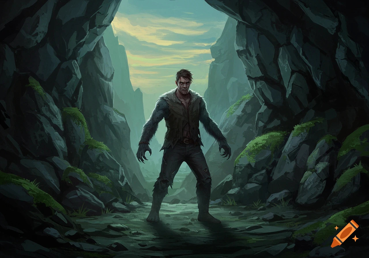 A man with furry arms, clawed hands, and torn clothes stands in a dark cave entrance, transforming into a werewolf, with a moody sky in the background.
