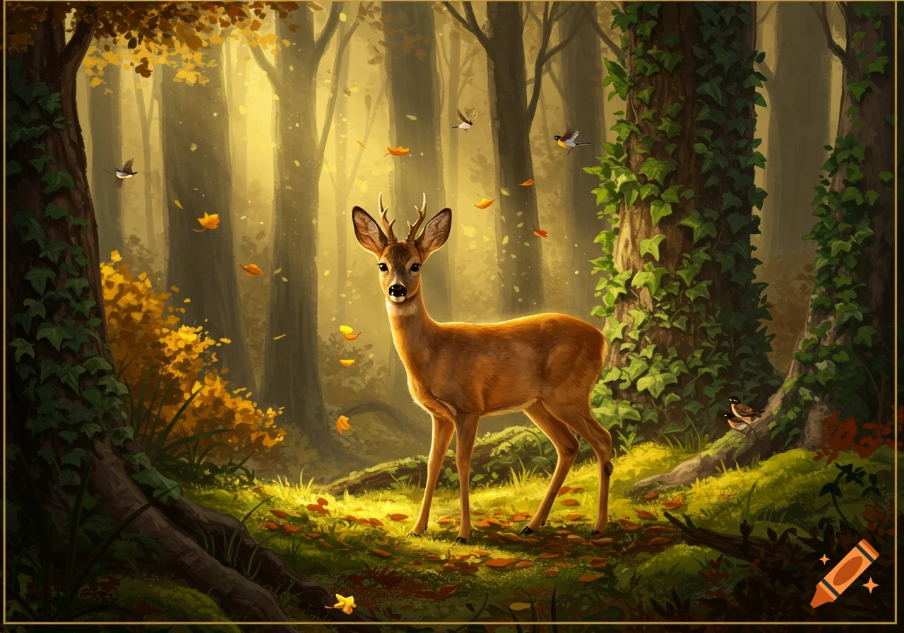Digital art of a roe deer in a golden, sunlit autumn forest with falling leaves.
