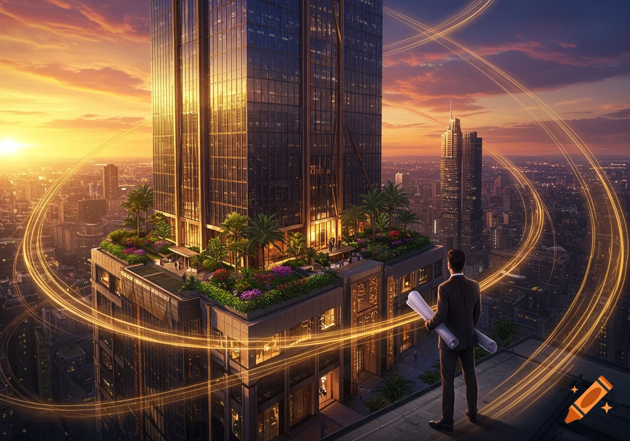 Man in suit on a rooftop overlooking a modern skyscraper with rooftop garden and cityscape at sunset, with glowing lines.
