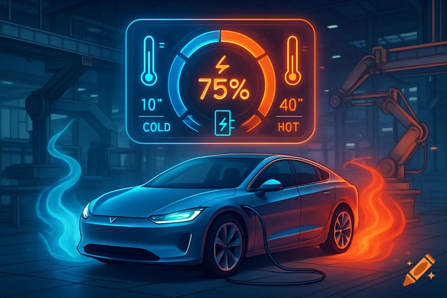 Futuristic electric car charging in a factory, surrounded by blue and orange glowing effects, with a digital display showing temperature readings and 75% charge.