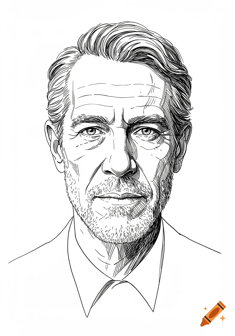 Black and white line art portrait of a middle-aged man with a beard, looking directly forward.