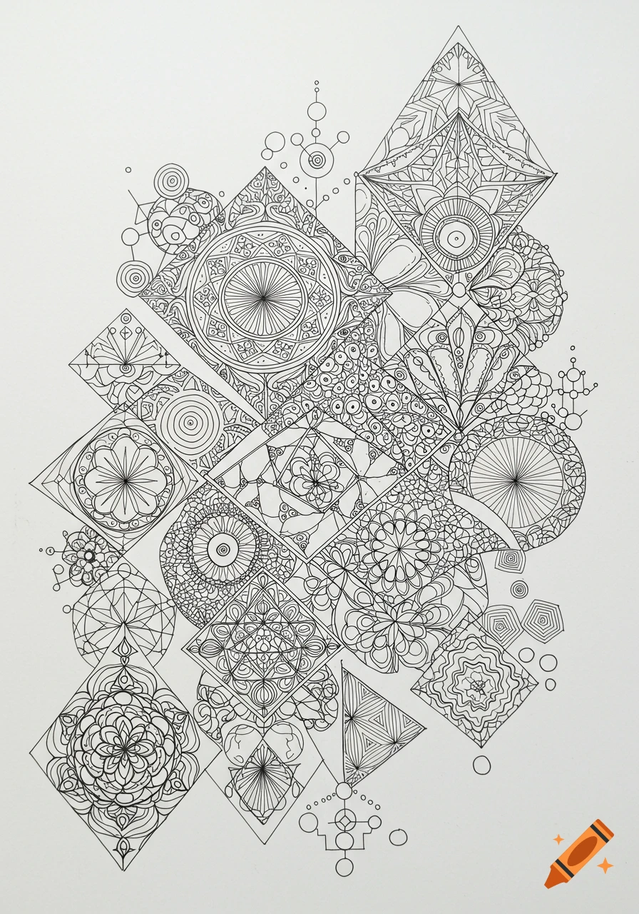 Intricate black and white geometric pattern designed like a coloring page.