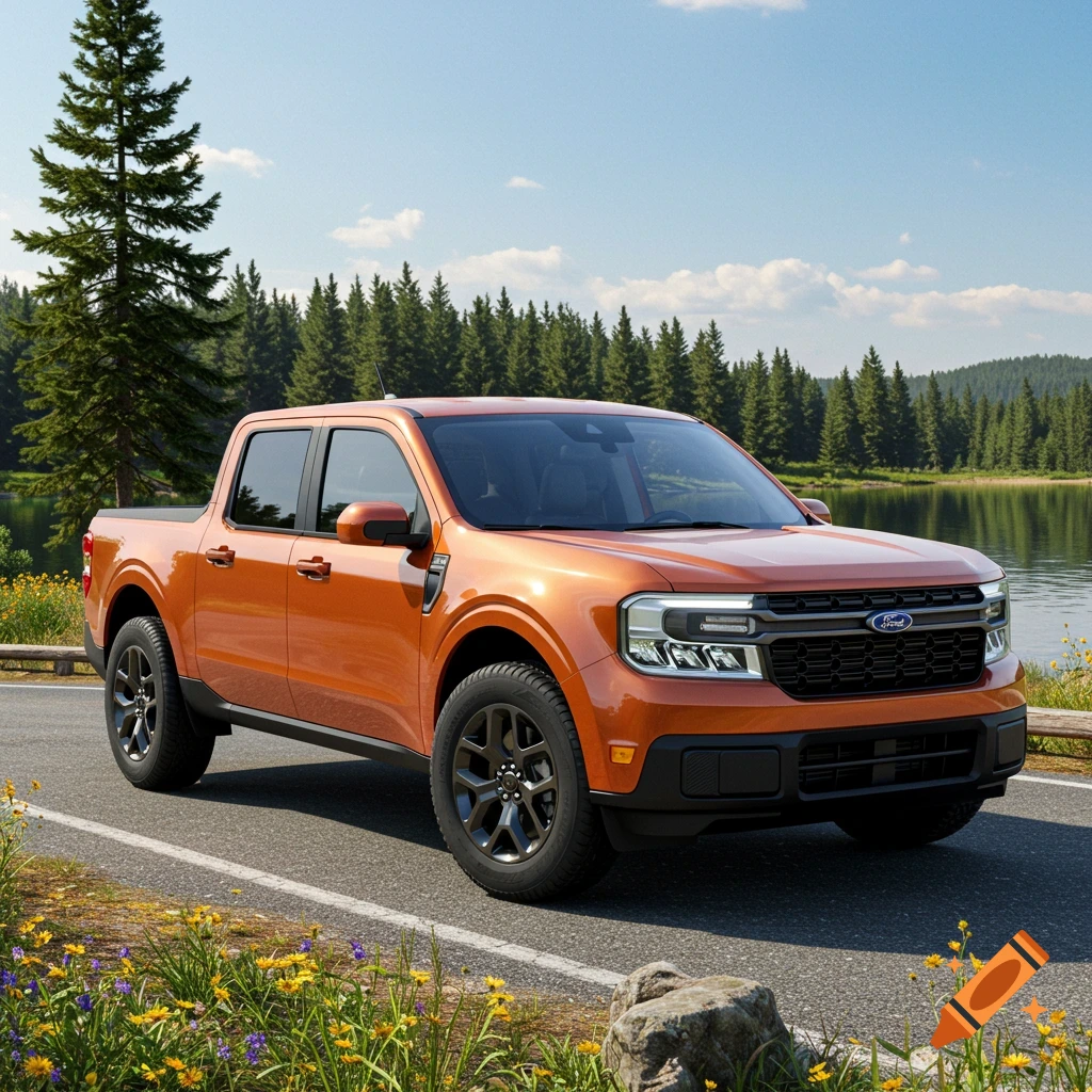 An orange Ford Maverick pickup truck is parked on a road beside a lake and forest on a sunny day.