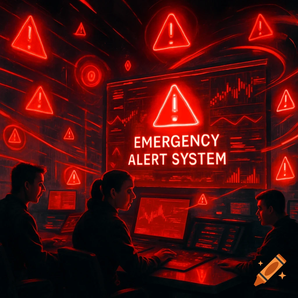 Three people in a dark, red-lit control room, operating computers under an 'Emergency Alert System' screen and warning signs.
