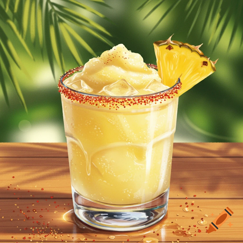 Digital illustration of a pineapple frozen margarita with a red tajin rim, on a wooden table with tropical foliage.