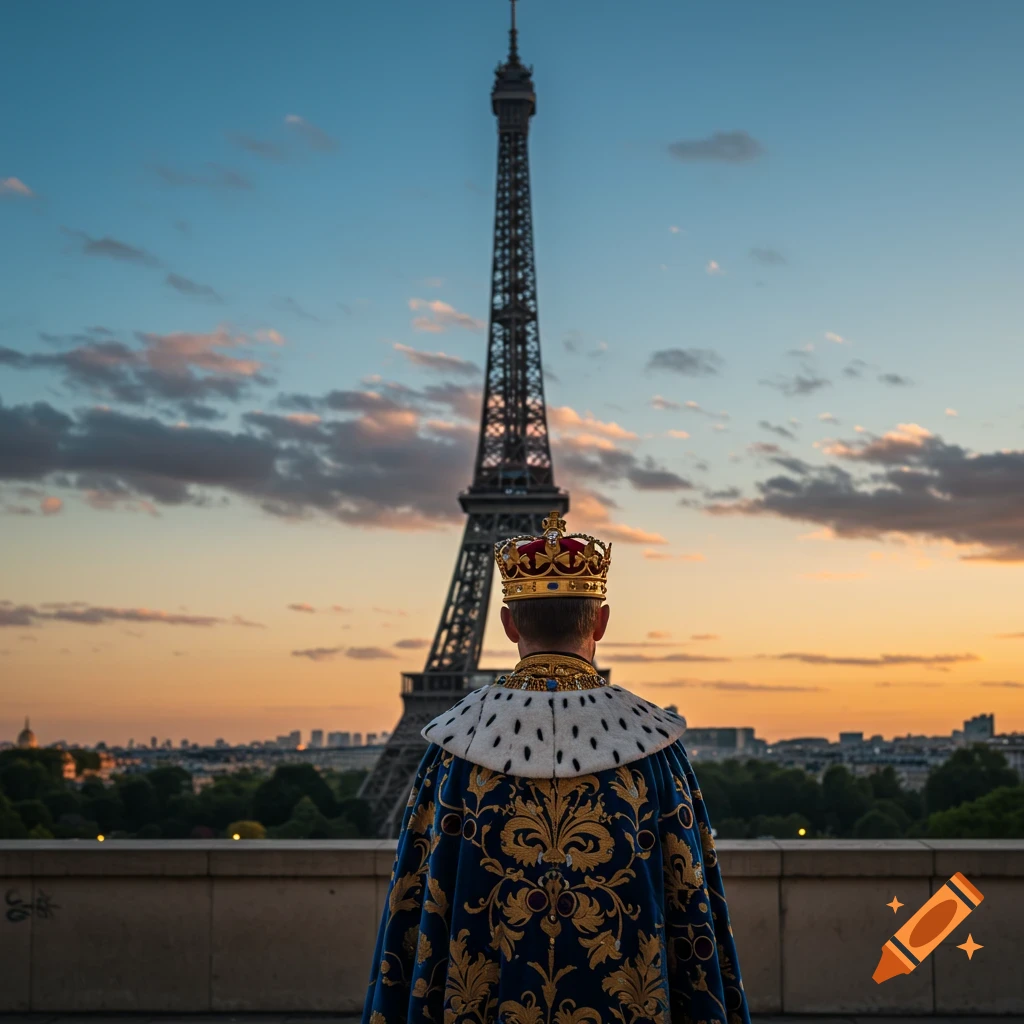 A king in regal robes and crown faces the Eiffel Tower at sunset in Paris.