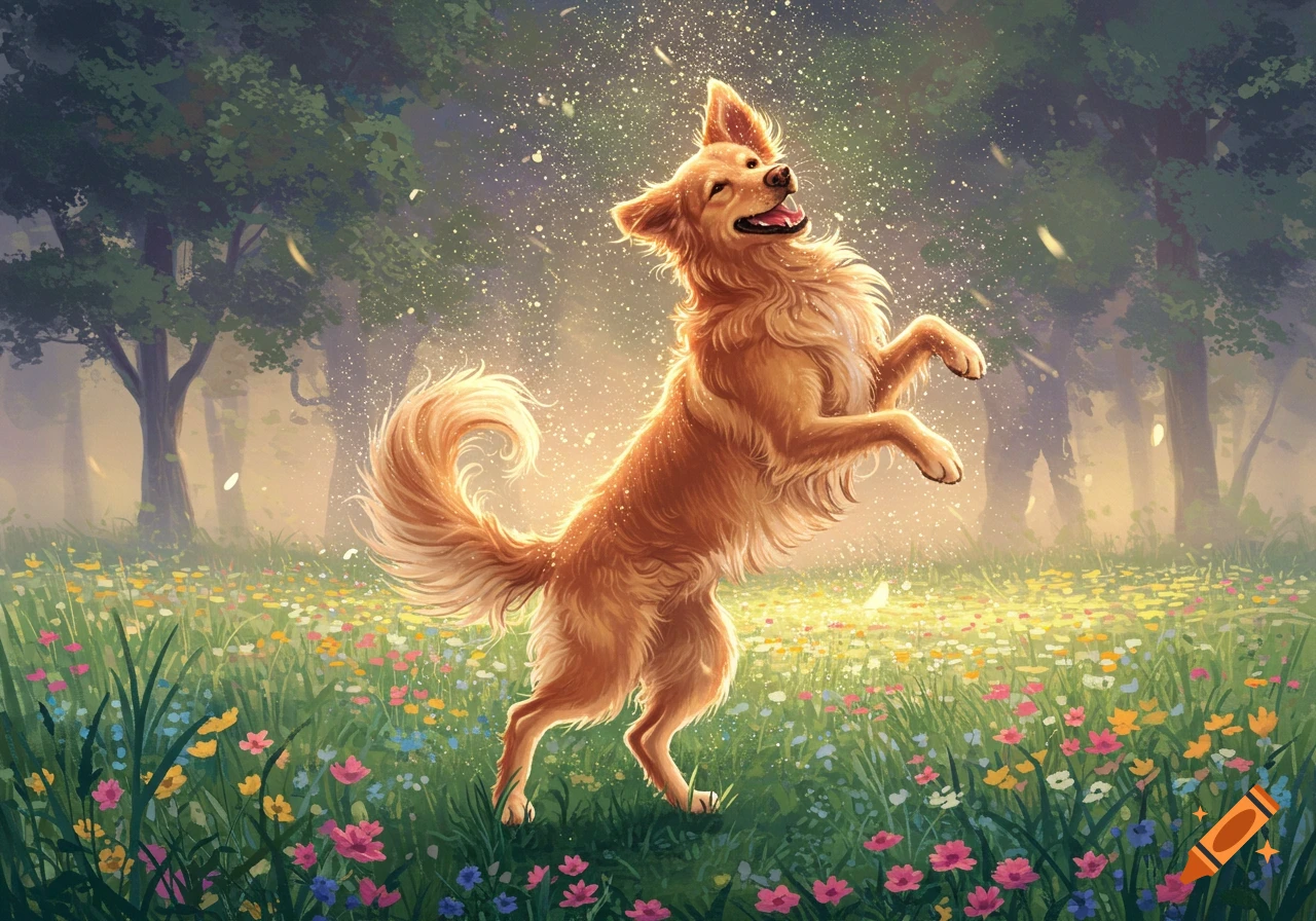 A happy golden retriever dog dances in a sunny, vibrant field of colorful wildflowers, digital art.
