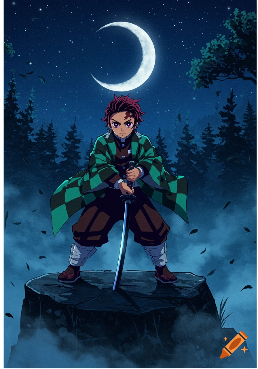 Anime illustration of Tanjiro Kamado standing on a rock with a sword under a crescent moon in a dark forest.