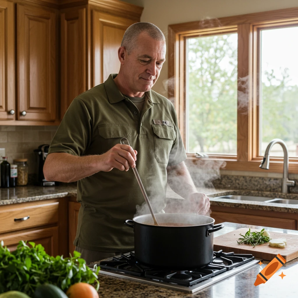 A man stirs a steaming pot of soup on a stovetop in a bright kitchen, with fresh vegetables nearby.