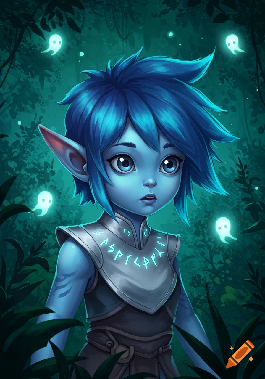 Blue-skinned elf child with large blue eyes and spiky blue hair, wearing armor with glowing runes, stands in a dark forest with floating glowing spirits.