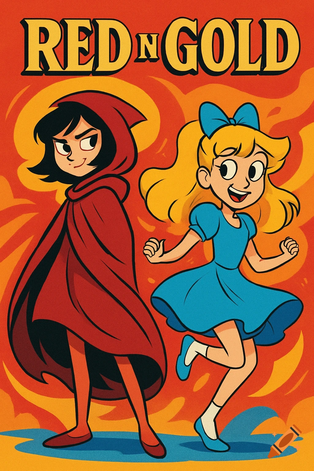 Cartoon poster of a girl in a red cloak and a blonde girl in a blue dress, titled 'RED n GOLD'.