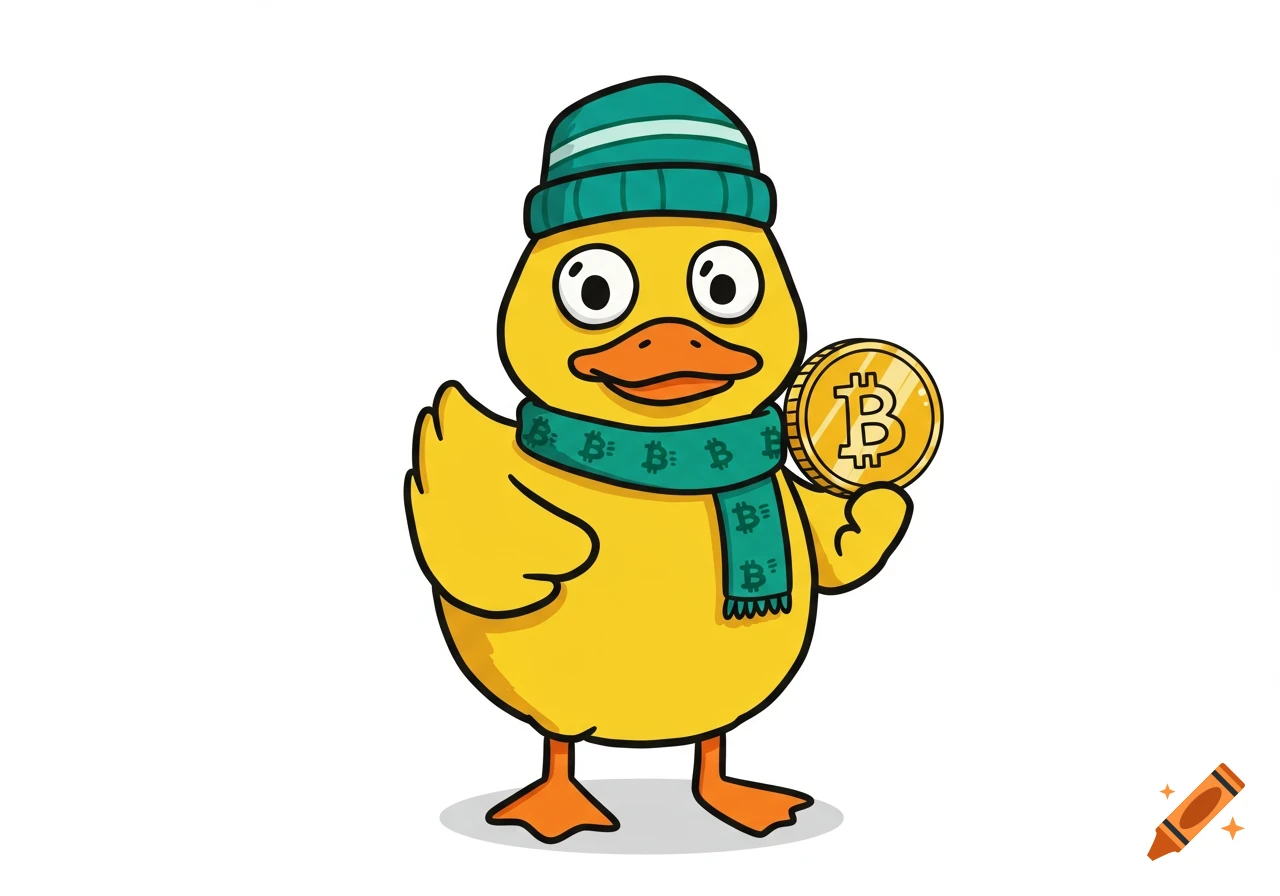 A cartoon yellow duck wearing a teal beanie and green scarf, holding a gold Bitcoin coin.