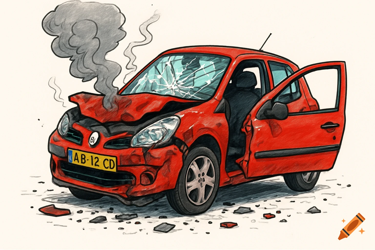 Cartoon drawing of a red, smashed Renault Clio car with smoke from the engine, broken windshield, and debris.