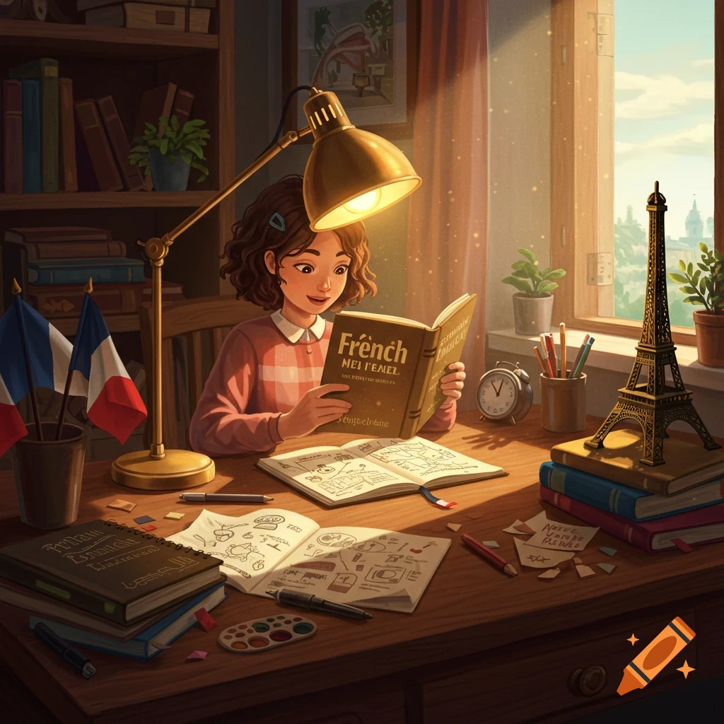 An illustration of a young person studying French at a desk with books, French flags, an Eiffel Tower model, and a lamp.