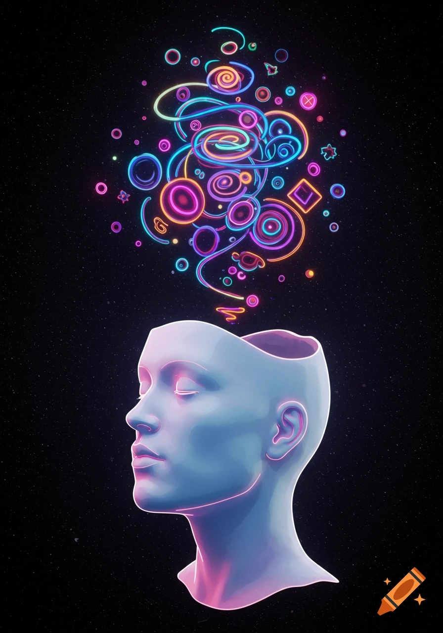 A surreal, stylized human head with glowing neon thoughts swirling above it on a dark, cosmic background.