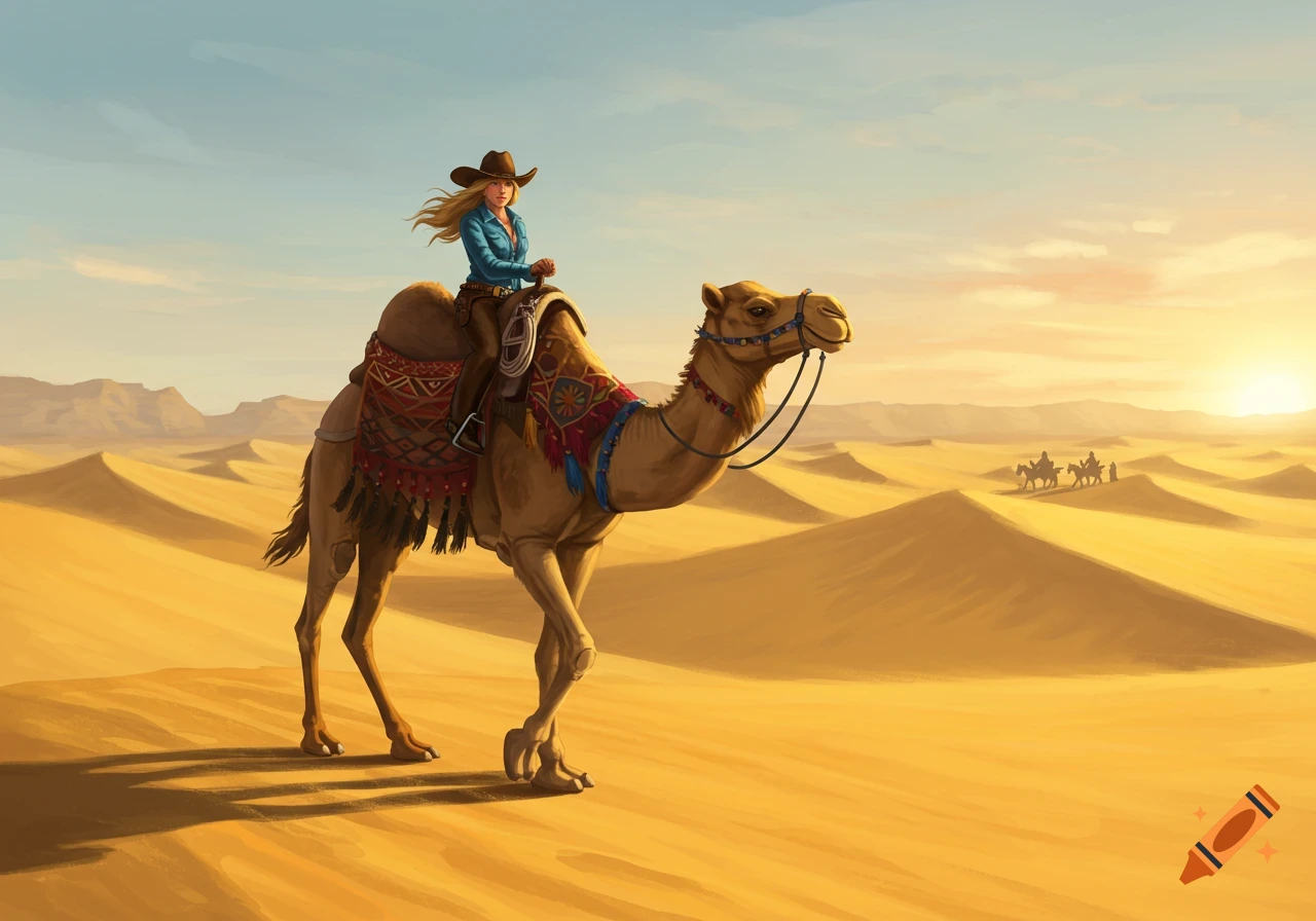 A cowgirl in a cowboy hat rides a decorated camel through a sun-drenched desert with dunes, in a digital painting.