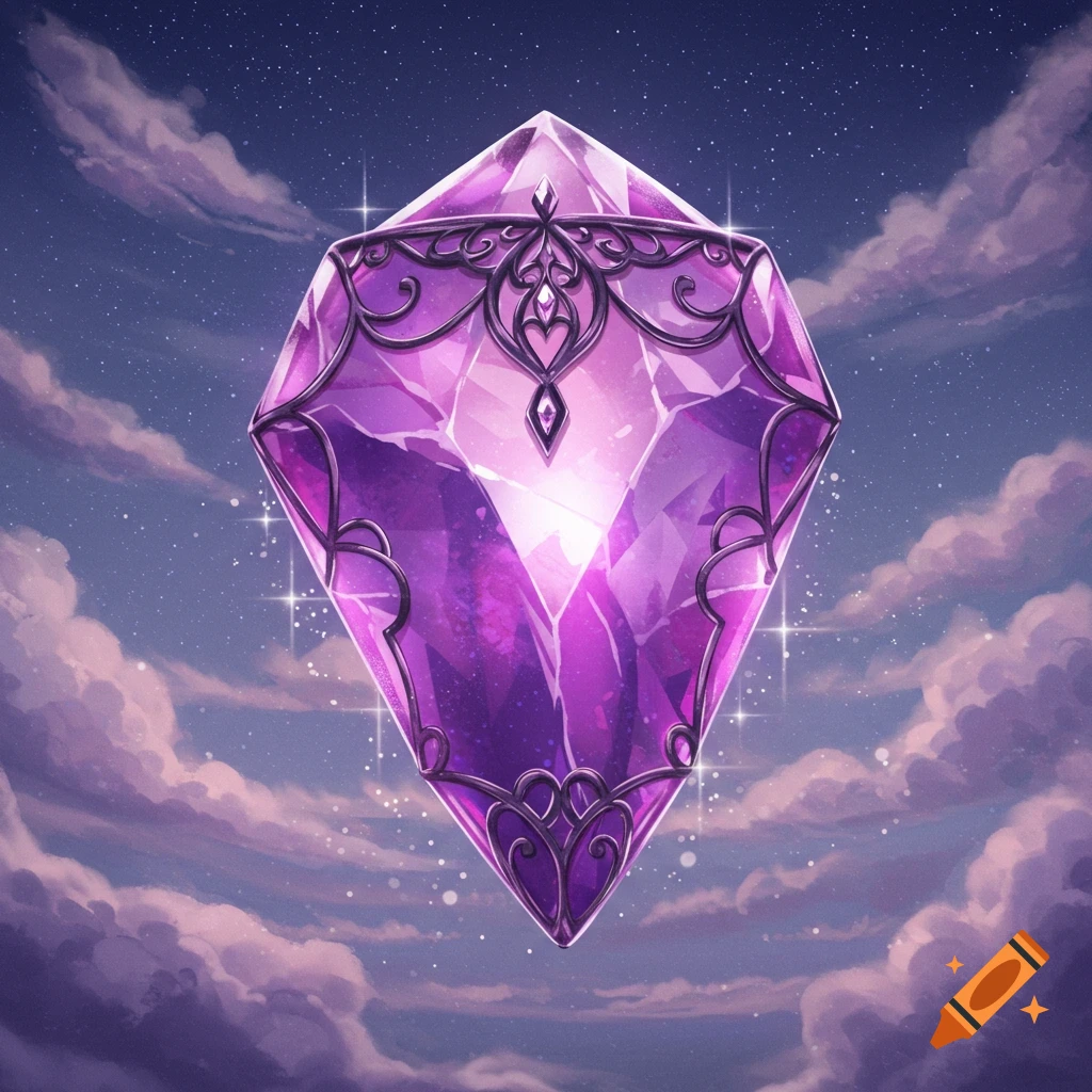 An ornate, glowing purple crystal with dark filigree details floats in a star-dusted twilight sky with soft clouds, fantasy art.
