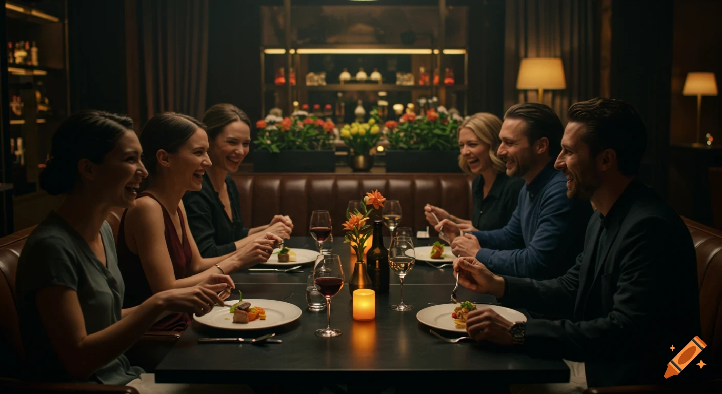 A diverse group of friends laugh and enjoy an elegant lunch with gourmet food in an upscale restaurant, photorealistic style.