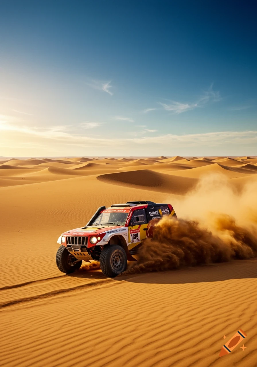 A red and yellow rally car drives through a vast sandy desert, kicking up a large cloud of dust under a clear blue sky.