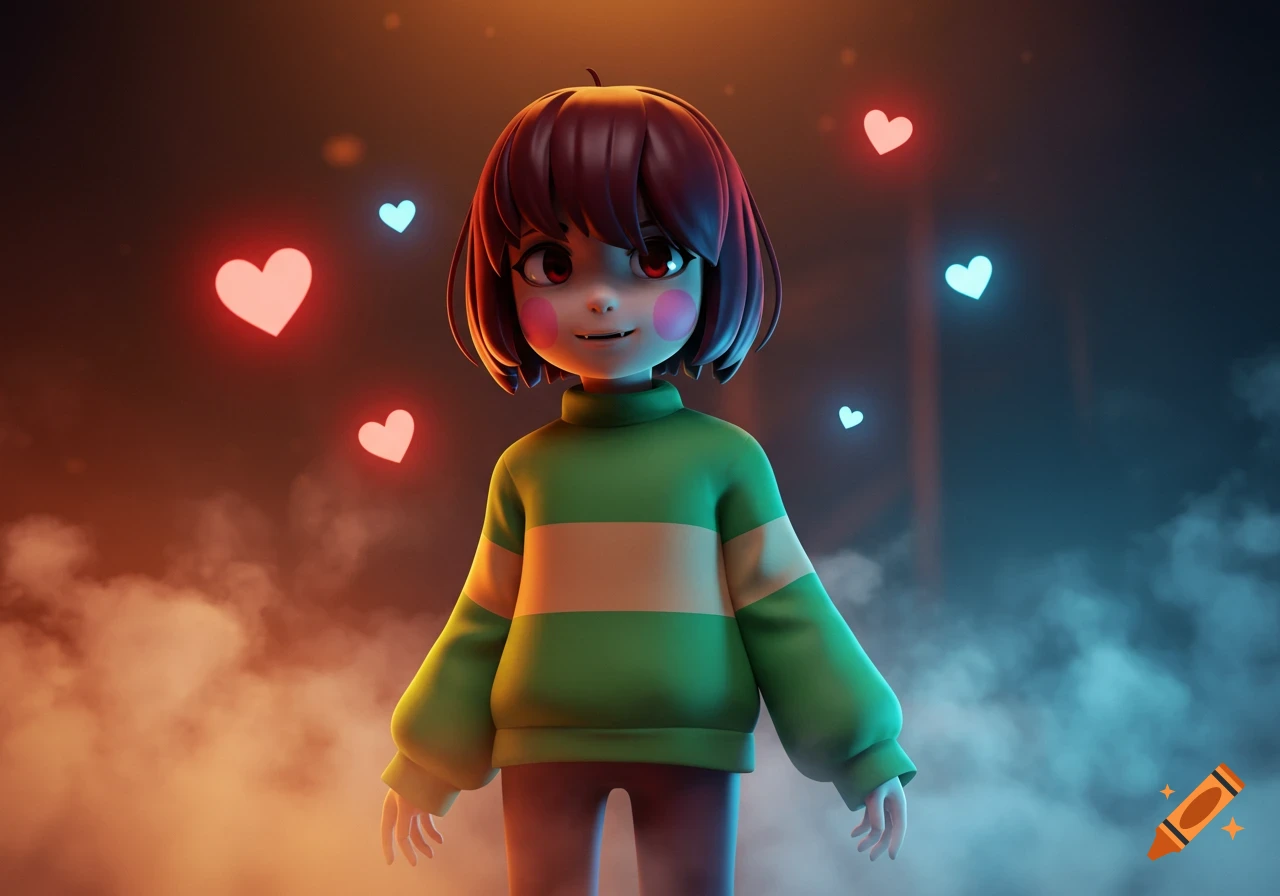 Stylized 3D render of Undertale's Chara with short brown hair, red eyes, rosy cheeks, and a green/beige sweater, surrounded by glowing hearts and smoke.