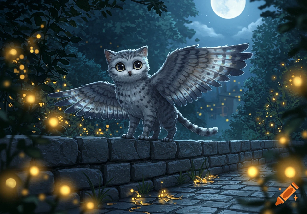 A cute, winged gray cat with big eyes stands on a stone wall at night, illuminated by fireflies and a full moon.